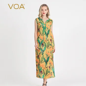 

VOA Silk Abstract Print Hit Material Hem Sleeveless Elastic Waist Slit Hem Vintage qi pao shi Dress AH305