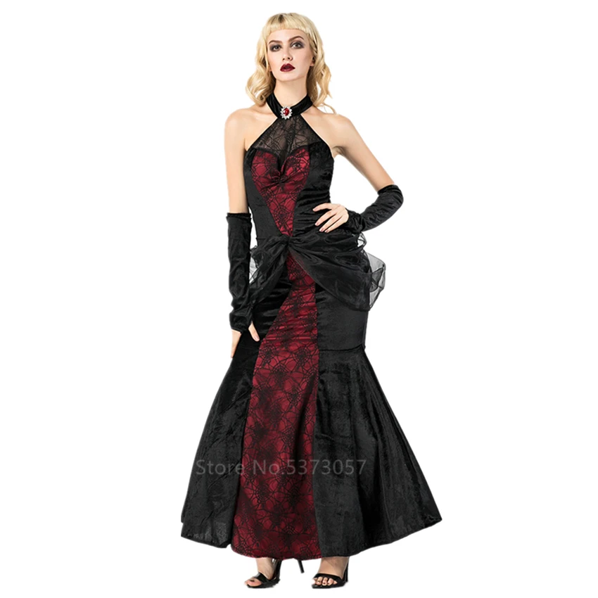 Страшный Готический карнавальный костюм ведьмы вампира на Хэллоуин для женщин; роскошные карнавальные вечерние кружевные платья «рыбий хвост»
