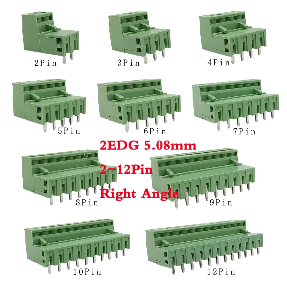 2EDG 5.08mm PCB Screw Terminal Block Wire Connector Right Angle Plug, 5.08mm Pitch Header Sockets 2/3/4/5/6/7/8/9/10/12 Pin