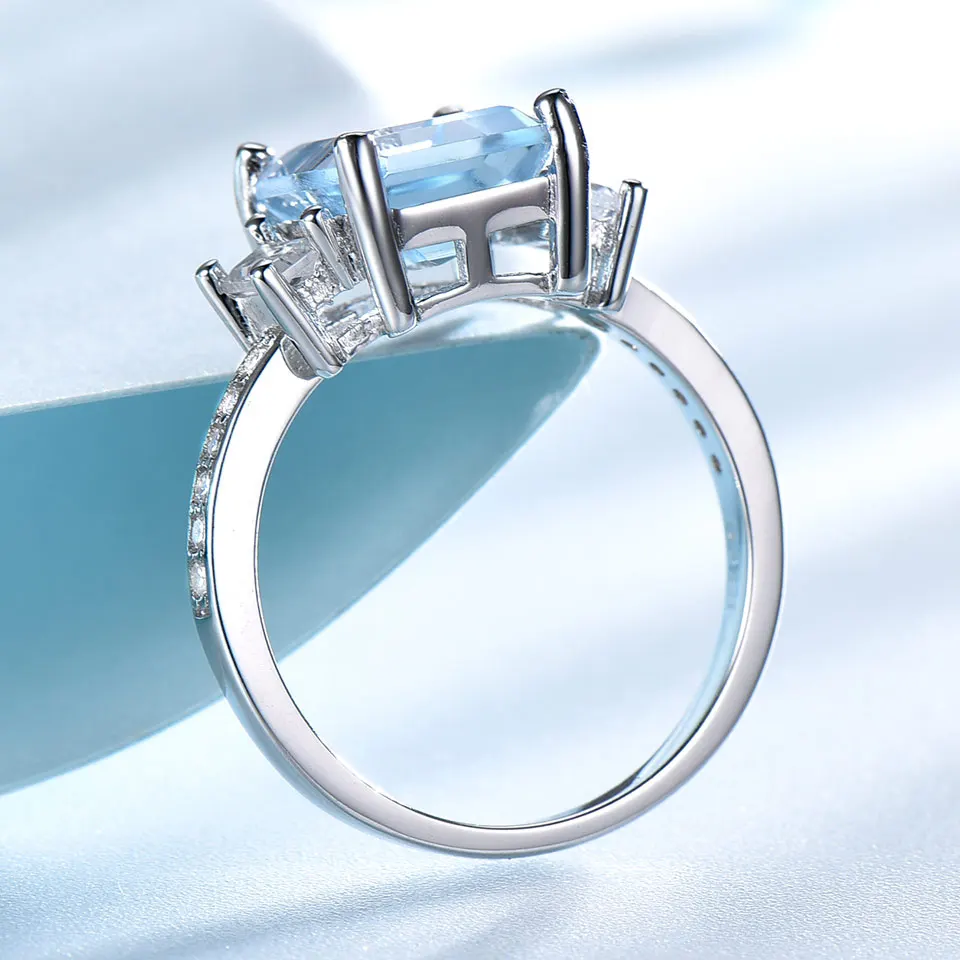 Umcho azul topázio anéis de pedra preciosa para mulher genuína 925 prata esterlina aquamarine anel romântico casamento noivado jóias finas