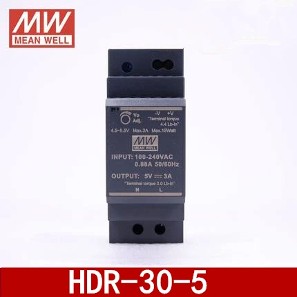 Оригинал Mean Well HDR-30-5 DC 5V 3A 15W meanwell ультра тонкий ступенчатая форма DIN Rail источник