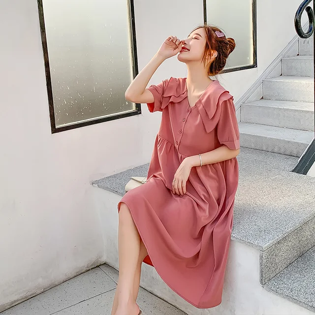 1853# Summer Korean Fashion Thin Chiffon Maternity Dress Sweet Large Size Loose Clothes for Pregnant Women Lovely Pregnancy Wear 4