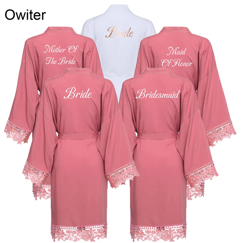 Owiter Dusty Pink Bride Bridesmaid Bride Cotton Kimono Robes with Lace Trim Women Wedding Bridal Robe Party Gift Bathrobe