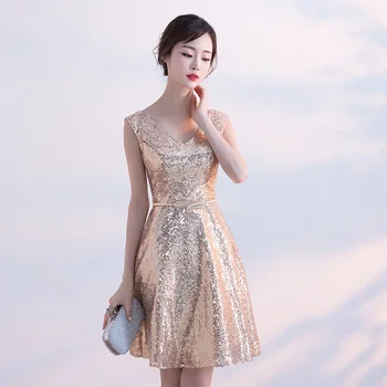

Gold Womens Sleeveless V-Neck Mini Party Dress Luxury Sequin Short Wedding Banquet Elegant Prom Gown Retro Vestido XS-3XL