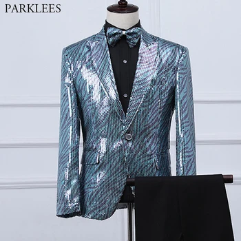 

Green Sequin Tuxedo Suit Set Men 2019 Brand New One Button Peak Lapel Dress Suits Mens Stage Prom Clothes for Singers Dancers