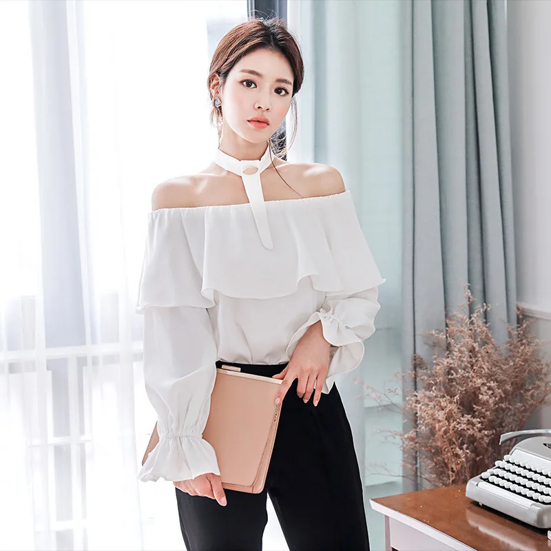 

Elegant-Horizontal Neck off-Shoulder Flounced Long Sleeve 2019 Autumn Versatile Shirt Solid Color Tops Deconstructable Halter