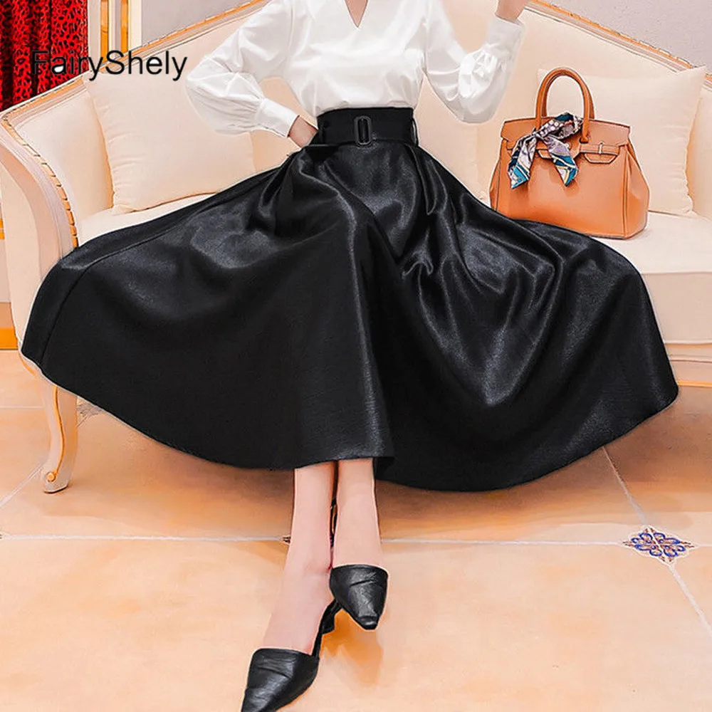 

FairyShely 2021 High waist Satin England Elegant Long Skirt Women Spring Summer Black Belt Skirt Office Retro A-line Skirt