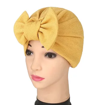 

Newly Fashion Women Solid Muslim Turban Indian Cap Bowknot Elastic Beanies Hat Bonnet Headwrap FIF66