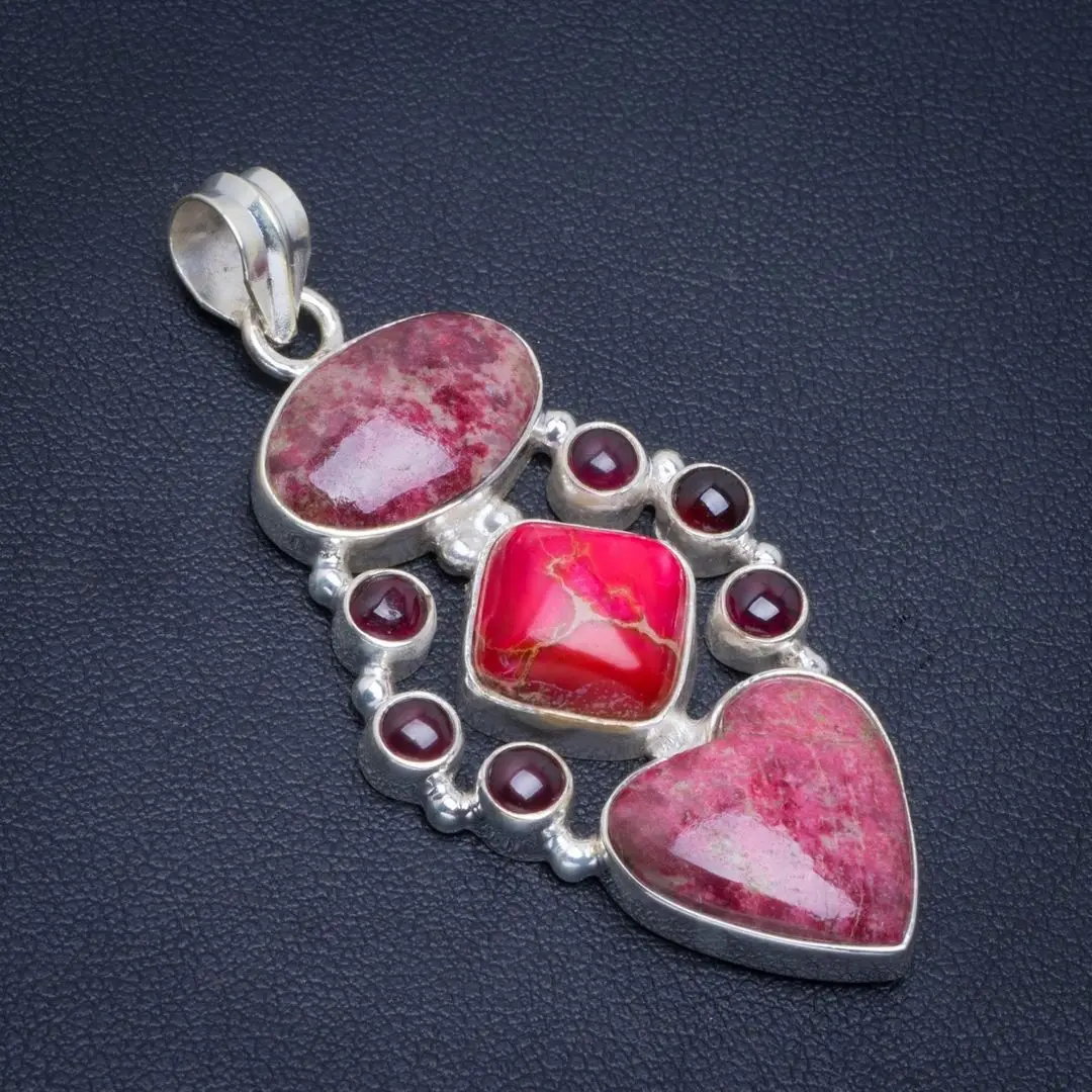 

Natural Pink Thulite,Turquoise and Amethyst Handmade Unique 925 Sterling Silver Pendant 2.25" B3397