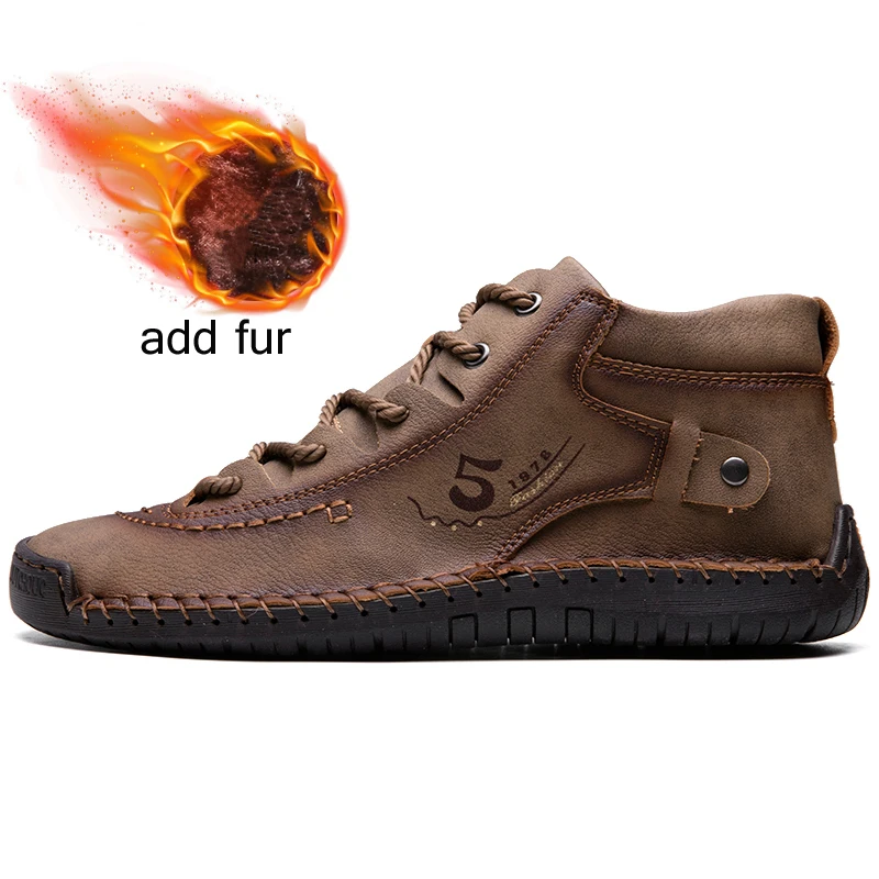 Ботильоны; мужские ботинки; кожаные ботильоны из воловьей кожи со шнуровкой; плюш; большой размер; уличная Рабочая обувь; светильник; модная зимняя обувь; ботинки черного цвета - Цвет: Khakifur