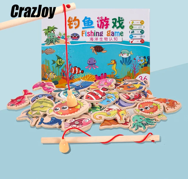 Interactive Wooden Magnetic Fishing Game Cartoon Marine Life Cognition Fish Rod Toys for Children Early Educational Parent-child 2