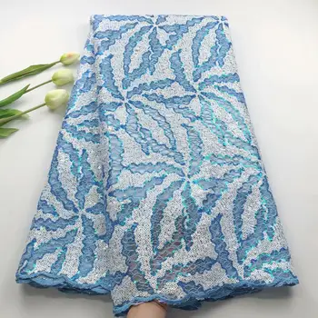 

2020 New French Net Lace Fabric blue Silver Latest African Guipure Lace Fabric With Embroidery Mesh Tulle Sequins Lace Fabric