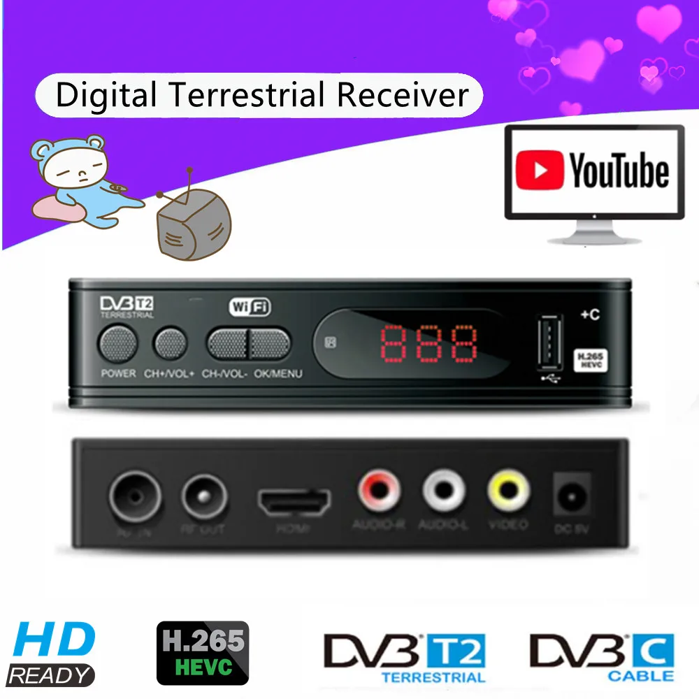 DVB-T2 DVB-C приемник цифрового ТВ-тюнера полностью 1080P HD декодер ТВ-приставка DVB-T M3U H.265