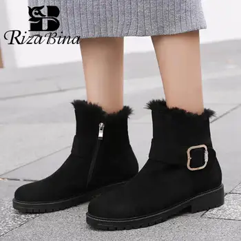 

RIZABINA Winter Warm Ankle Snow Boots For Women Metal Buckle Casual Keep Warm Plush Fur Shoes Women Black Flats Boots Size 31-43