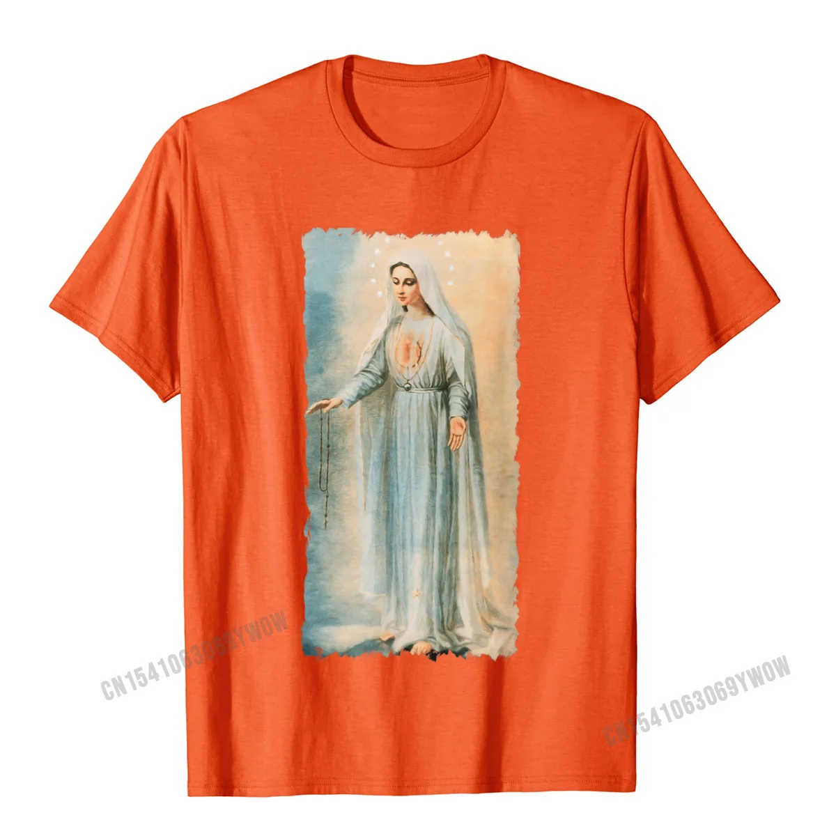 Cool Top T-shirts Casual Short Sleeve Hip Hop O-Neck 100% Cotton Tops & Tees Normal Top T-shirts for Men NEW YEAR DAY Our Lady of Fatima Virgin Mary Catholic Painting T-Shirt__601 orange