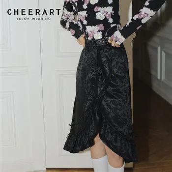 

CHEERART Black Jacquard Rose Floral Asymmetrical Skirt Women High Waist Drawstring Ruched Ladies Skirt Fashion 2020