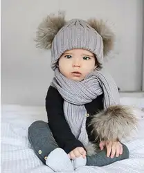 Детский комплект из вязаных шарфов и шапочки с помпонами, детский модный теплый осенний шарф, костюм с шапочкой, вязаная шапка, комплект