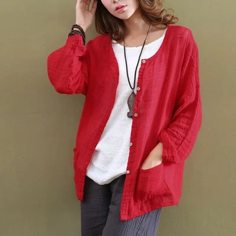 

Retro Womens Cotton Linen Loose Sun Protection Cardigan Coat Jacket Shirt Blouse