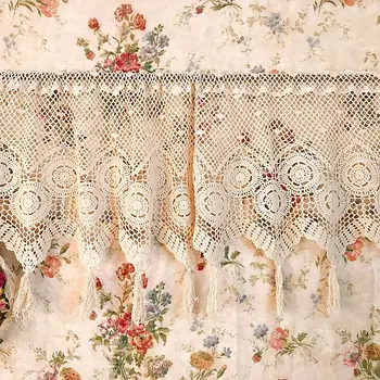 

1Pc Home Decoration Pastoral Style Coffee Curtains Handmade Crochet with Tassel Cotton Short Curtains For Kitchen