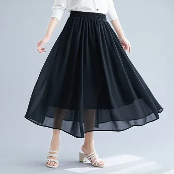 

Oversize summer chiffon skirt women elastic waist elegant long skirt female Plus size 5XL double layer black beach skirts G781