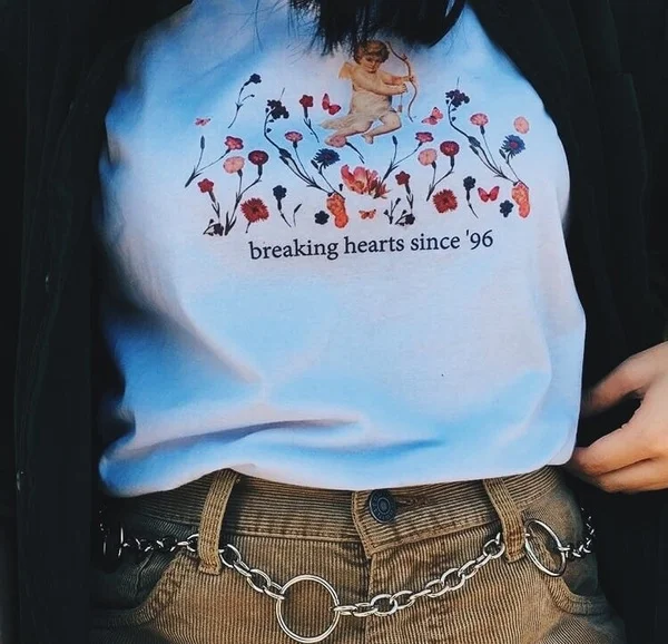 Breaking Hearts Since 96 Cupid Print T-Shirt Women Retro Style Aesthetic White Tee 90s Cute Summer Tops