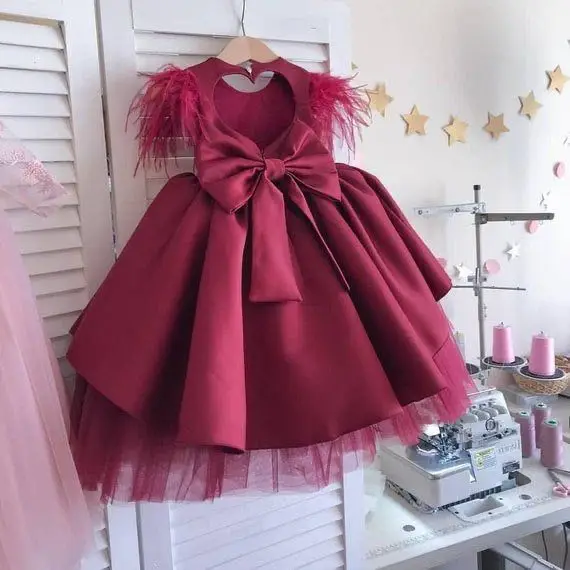 Red Baby Girls Birthday Party Dress Heart Back Knot Feather Cap Sleeve Celebration Infant Toddler Photoshoot | Детская одежда и