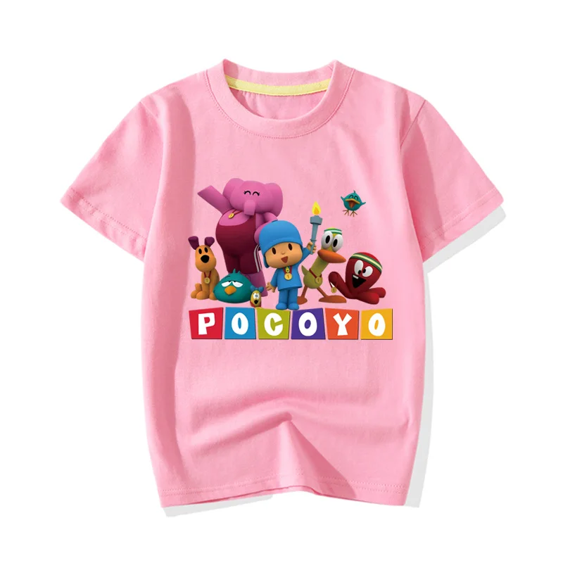 Детские летние футболки с коротким рукавом, мультфильм покойо, одежда с принтом, хлопковые футболки для маленьких мальчиков и девочек, детская футболка, Топ JY080 - Цвет: Pink T-shirt