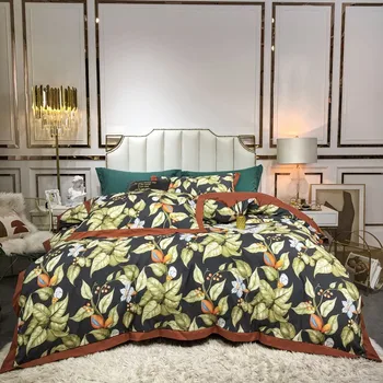 

4Pcs Full Queen size Bedding set 100%Egyptian Cotton Florl Leaves Duvet Cover 1Bed Sheet 2 Pillowcases Ultra Soft Breathable