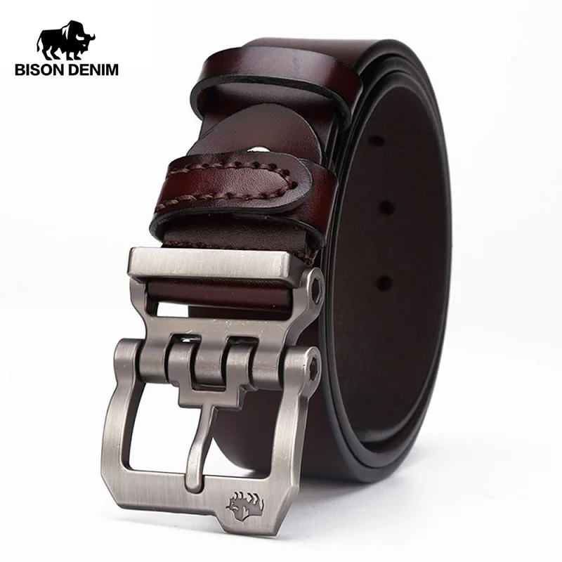 BISON DENIM genuine leather belt for men gift designer jeans belts men's high quality Cowskin Personality buckle Vintage N71223
