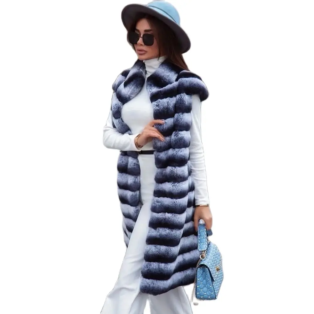 Fashion Long Real Rex Rabbit Fur Coat Stand Collar Short Sleeve Winter New Women Genuine Rex Rabbit Fur Coats Trendy Fur Outwear