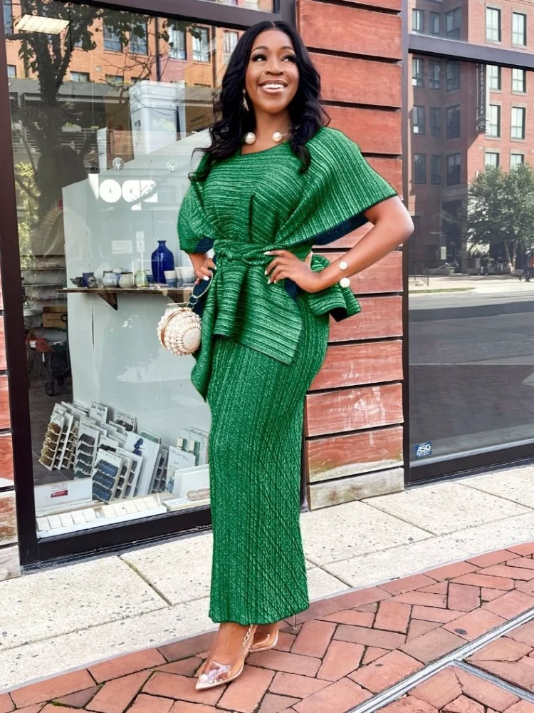 2022 Spring Summer African Women Short Sleeve Green Yellow Plus Size Two Pieces Sets Top and Skirts African Clothes Women Africa Clothing Africa Clothing
