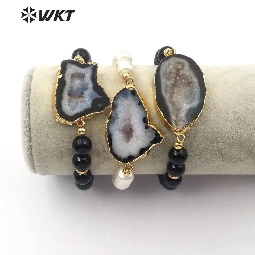 Фото WT-B492 жарко! Натуральный белый браслет из черных жемчужин geode каменные бусины с золотой отделкой бохо стиль женский браслет ювелирные изделия №4