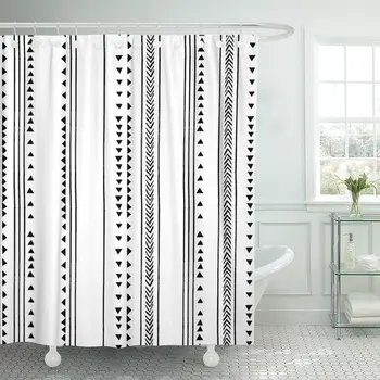 

Shower Curtain Gray African Triangle Stripes Herringbone Pattern Monochromatic Black White Waterproof Polyester Fabric Set with
