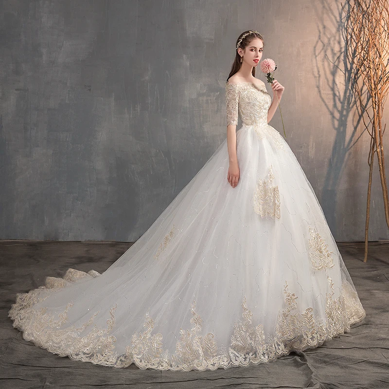 

2019 New Wedding Dress Off The Shoulder Half Sleeve Wedding Gown Lace Applique Plus Size Simple Wedding Dress Robe De Mariee X