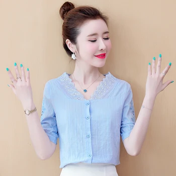 

COIGARSAM Brief Short Sleeve blouse women New Summer Embroidery V-Neck blusas womens tops and blouses White Blue 603