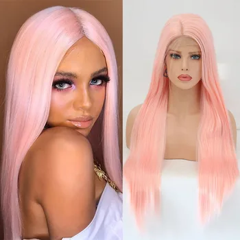 

Rongduoyi Long Heat Resistant Hair Synthetic Lace Front Wig Pink Color Silky Straight Lace Wigs for Women Fiber Hair Cosplay Wig