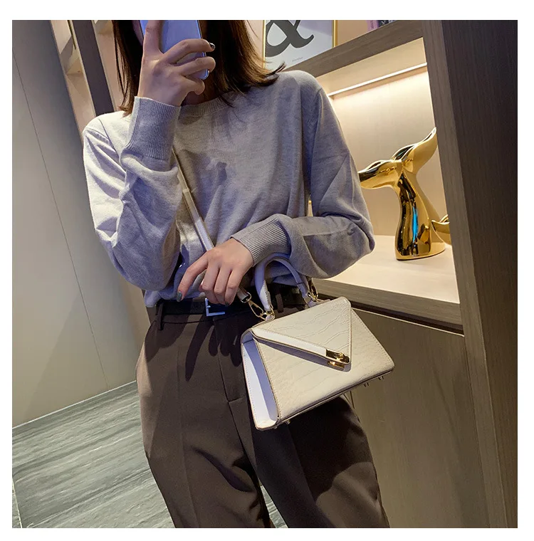 Women Small Top Handle Bag Luxury Brand Trapezoid Shaped Handbag for Women Girls Crocodile Print PU Leather Cross body Bag Beige (5)
