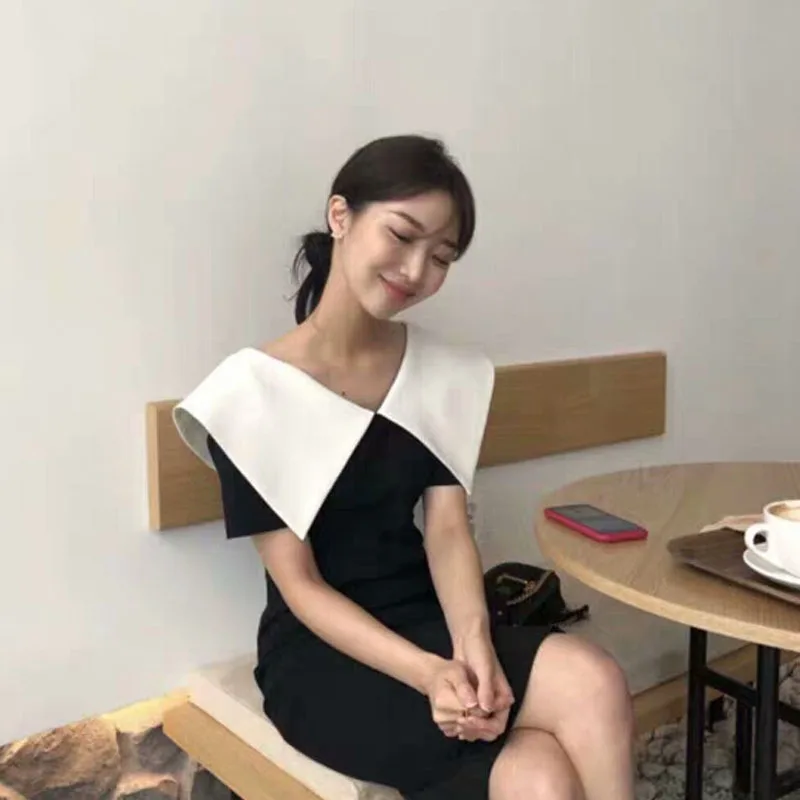 2020 Summer Women Elegant Office Dress Korean Party Black And White Big Turn-Down Collar Midi Dress Vestido Festa