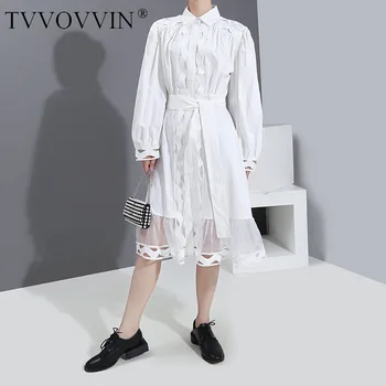 

Loose Women White Hollow Out Organza Split Shirt Dress New Lapel Long Sleeve Loose Fit Fashion Tide Spring Autumn 2020 QW021
