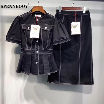 

SPENNEOOY Designer Runway Summer Women Streetwear Black Denim Suits Button Short Sleeve Tops And Ruched Skirts 2 Two Piece Set
