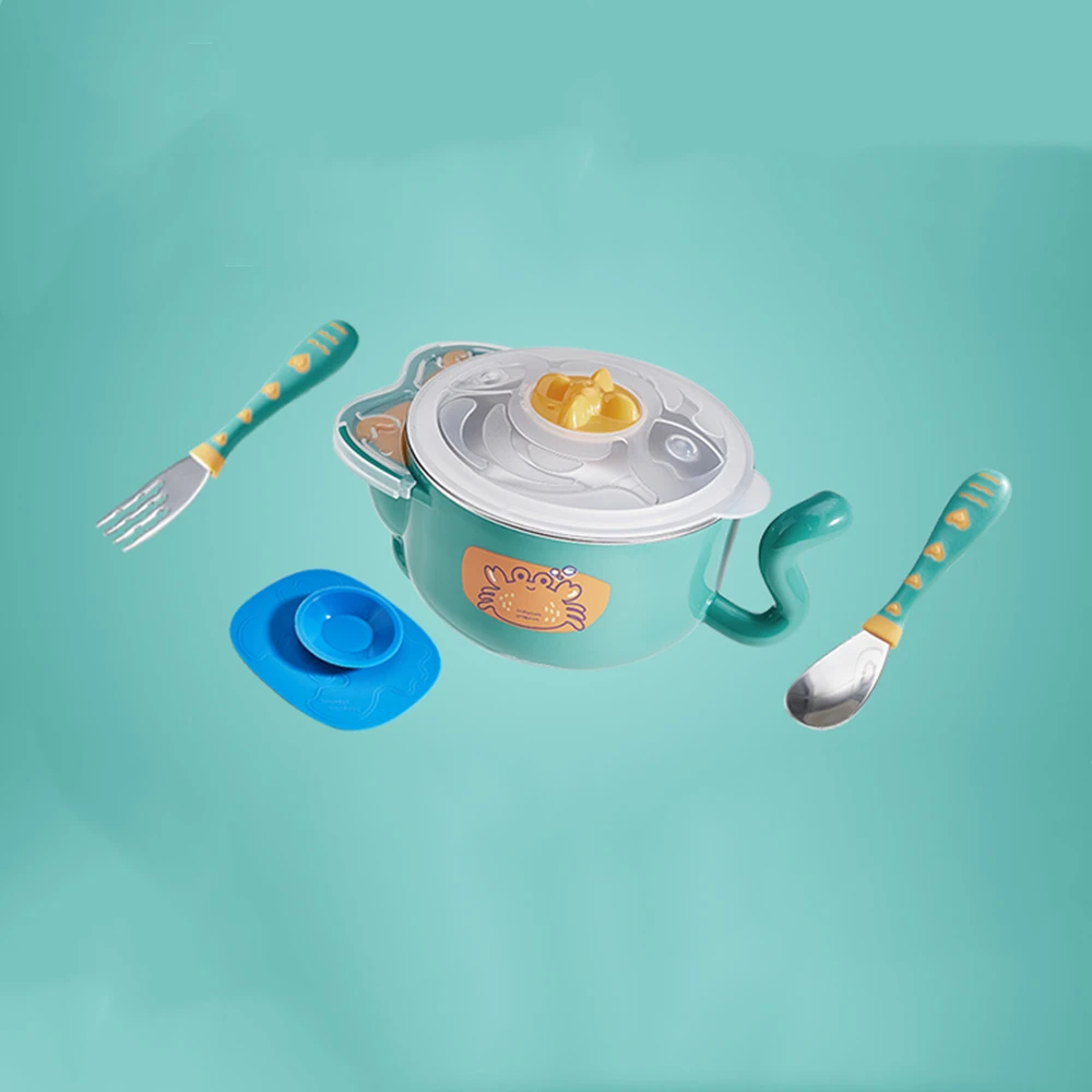 Tigela de Alimentação de Alimentos Inoxidável do Bebê com Colher de Silicone Babycare Conjunto Térmicos Aço Garfo Criança Copo Isolado Otário Placa bc 6 Pçs 16 High Quality Mamãe e Bebê