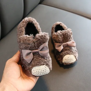 

New Winter Kids Fur Shoes Children Casual Home Shoes Baby Girls Warm Flats Toddler Black Shoes Princess Loafer Sweet Shoe