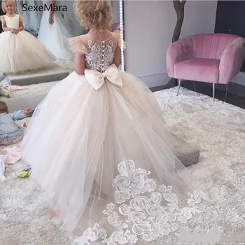 

Classic Tulle Flower Girl Dress with Bow Lace Appliques For Wedding Birthday Ball Gown First Holy Communion Dresses