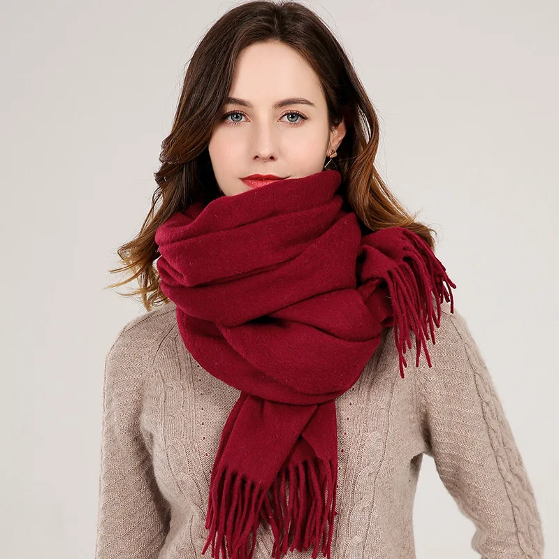 Wool Women Scarf Soft Warm Tassels Large Shawl for Ladies Solid Winter Real Wool Shawls Wraps Blanket Scarf Wool Poncho - Цвет: Dark Red