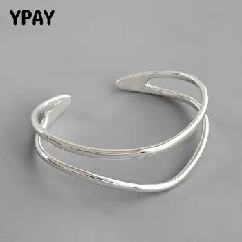 

YPAY Authentic 100% 925 Sterling Silver Bracelets Bangles for Women Korea INS Minimalist Double Layers Open Cuff Bangle YMB114