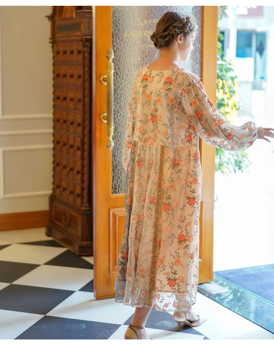 Женское винтажное повседневное свободное весенне-осеннее роскошное Сетчатое длинное платье с вышивкой, милое ретро платье с блестками и бисером для девушек