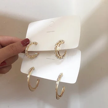

MENGJIQIAO Fashion Geometric Metal Circle Hollow Zircon Hoop Earrings For Women Elegant Simple Round Oorbellen Jewelry Gifts