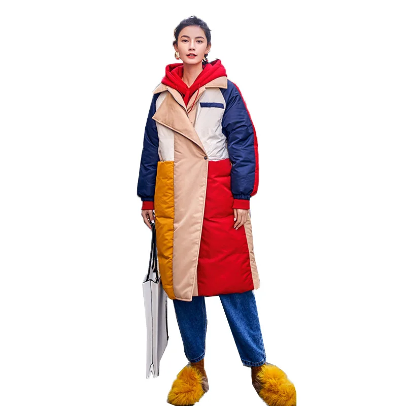 Стильное зимнее пальто в стиле Харадзюку, женская мода, хит цвета, длинная куртка, Женская парка, новинка, большие размеры, женское плотное теплое хлопковое пальто