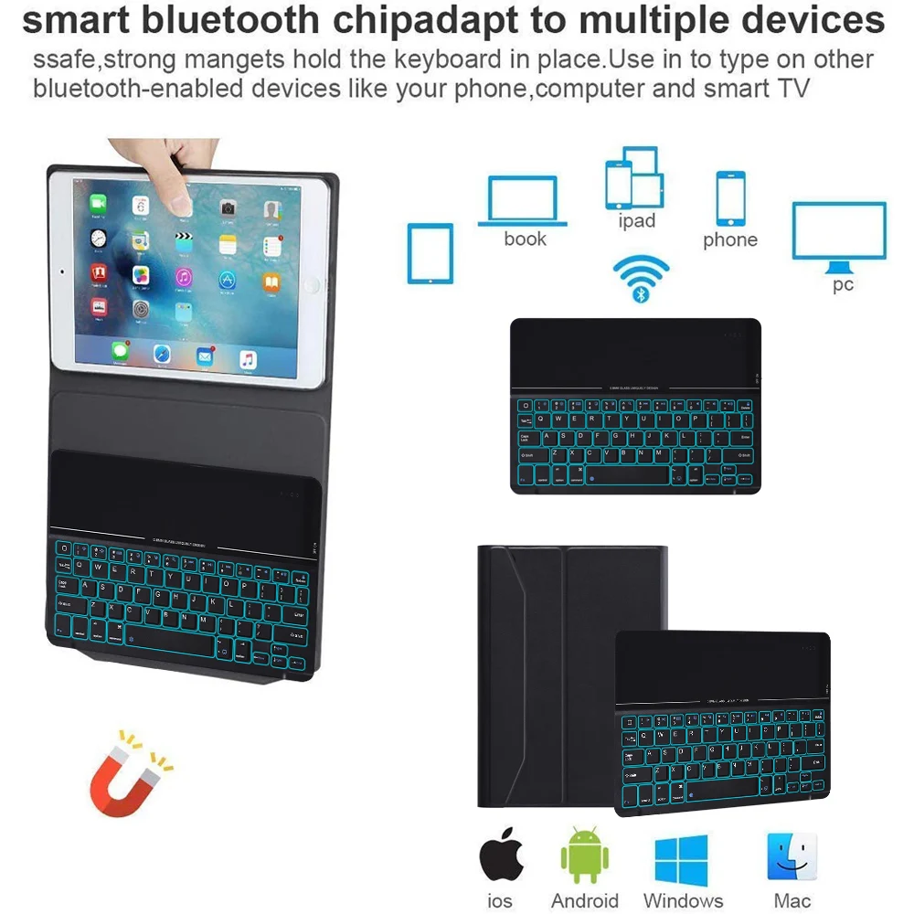 Беспроводная Клавиатура США для ipad 10,2, 7 цветов, с подсветкой, закаленное стекло, планшет, Bluetooth, английская клавиатура, кожаный чехол