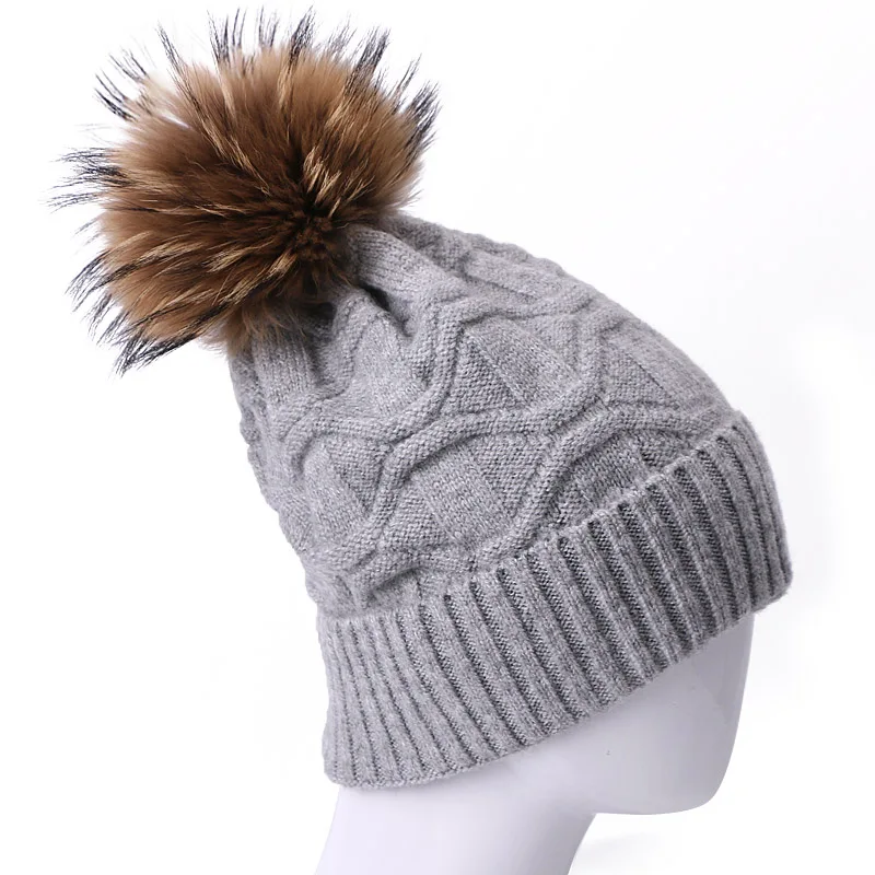 E Зимняя шапка из натурального меха с помпонами и помпонами Skullies Beanies, шапка для женщин, уличная теплая Толстая шапка, женская вязаная шапка - Color: E